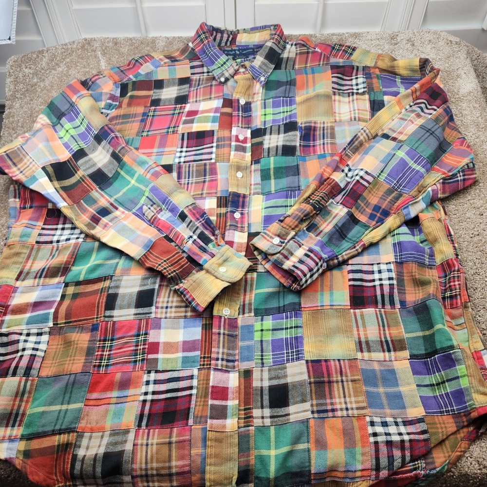 Polo Ralph Lauren Blake Patchwork Plaid Madras Shirt Mens XXL Multi Color Cotton - Picture 4 of 8
